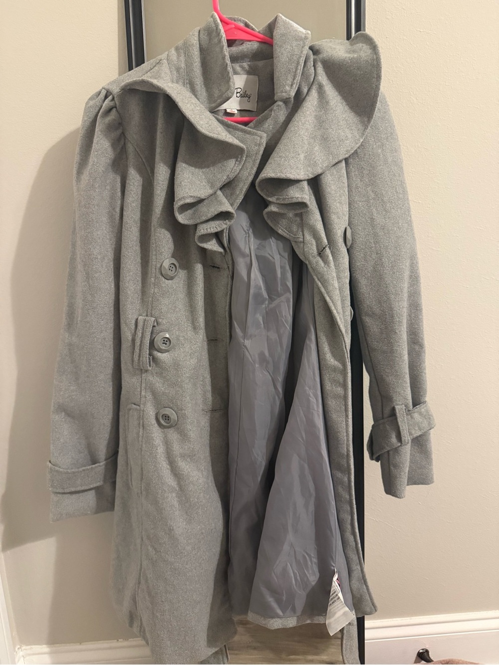 Ruffled Collar Trench Coat in Light Gray -